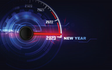 New year 2023 car speedometer, red indicator on black blur background