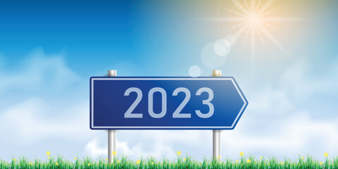 Number 2023 writing on a traffic sign. with blue sky on sunny day. concept of happy new year. vector illustration