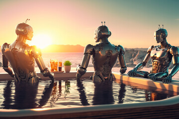 Three android humanoid robots relaxing in a jacuzzi at sunset, generative ai