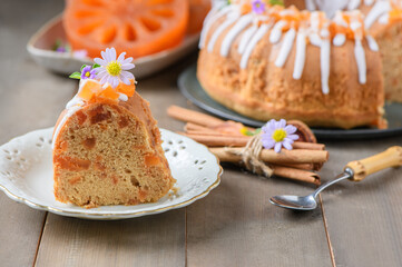 slice of Bael Fruit Cake decorated with small flowers on top, sweet and healthy dessert,