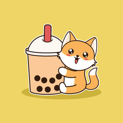 Vector Illustration Cute Fox With Bubble Tea
