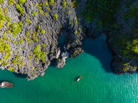 Aerial view of Prasat Hin Pun Yod secret beach in Satun, Thailand