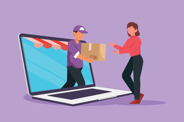 Fototapeta Cartoon flat style drawing young male courier comes out of canopy laptop screen and gives package box to female customer. Fast respond and online delivery metaphor. Graphic design vector illustration obraz