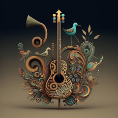 Wooden structure of a guitar with beautiful colorful decorations and birds on a dark background