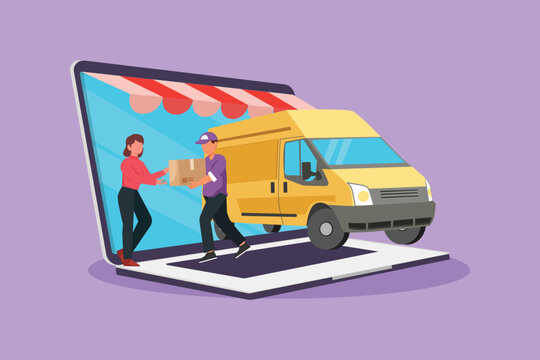 Graphic flat design drawing of delivery box car comes out from giant laptop screen and male courier gives package box to female customer. Online store transportation. Cartoon style vector illustration