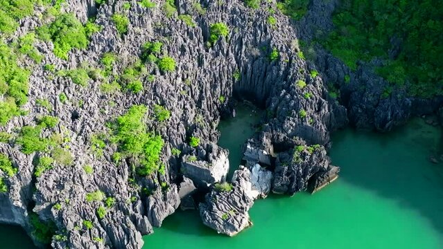 Aerial view of Prasat Hin Pun Yod secret beach in Satun, Thailand