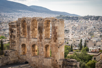 Fototapeta na wymiar Cityscape of Athens, view from Acropolis on the hill. Vacation, travel, destination concept.