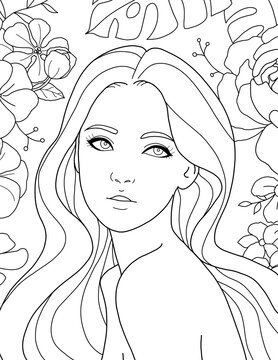 Girl with flowers coloring book vector illustration.