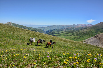 Horse trekking the alpine Keskenkija Trek, Jyrgalan, Kyrgyzstan
