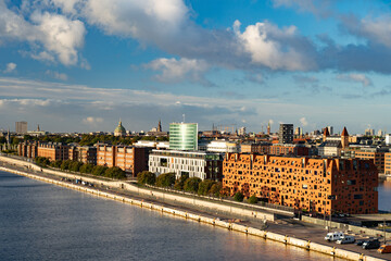 Waterside embankment modern architecture, Copenhagen, Denmark, aerial view. Travel and vacation