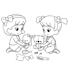Girls are playing the dolls together vector illustration isolated on white background.coloring book.coloring page 
