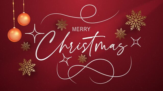 Merry Christmas text animation on a red background with snowfall particles. Animated video clip of Merry Christmas messages with white text. Animation using 4K motion graphics