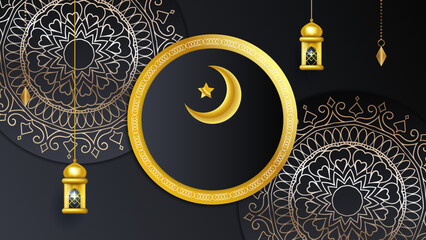 Ramadan background design with black and gold islamic decoration for greeting card. Vector illustration