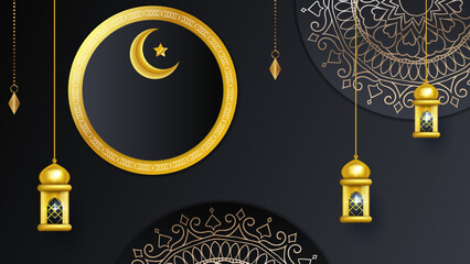 Ramadan background design with black and gold islamic decoration for greeting card. Vector illustration