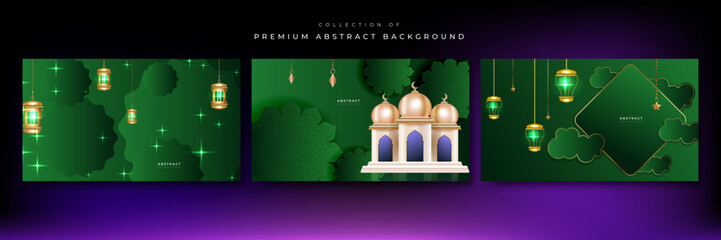 Ramadan background design with green and gold islamic decoration for greeting card. Vector illustration