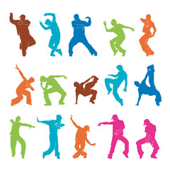 Colorful collection of Dancing street dance silhouettes in urban style on white background, vector illustration.