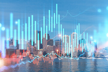 Skyscrapers Cityscape Downtown View, Boston Skyline Buildings. Beautiful Real Estate. Day time. Forex Financial graph and chart hologram. Business education concept.