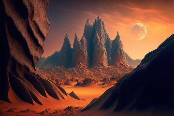 Strange surface and mountains of an alien planet. Generative AI.