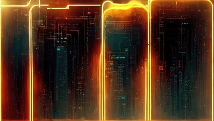 System of luminous electrical connections, teal and orange futuristic abstract CPU circuit global network atmosphere Sci-fi chic cyberpunk graphic elements generated by Ai