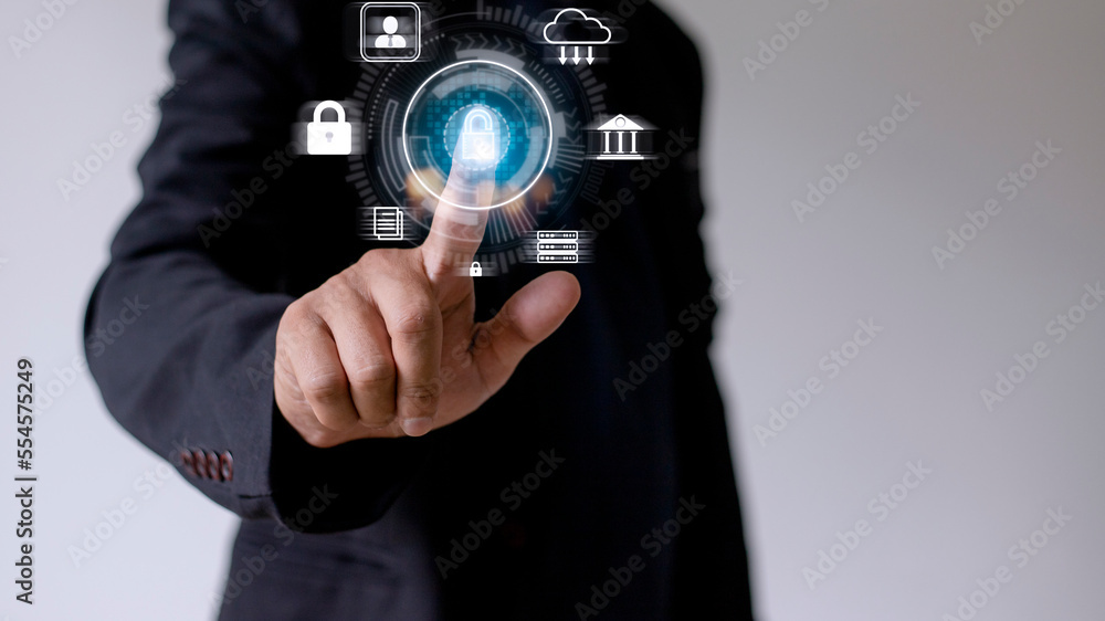 Poster cyber protection data security internet privacy internet technology concept on virtual screen.