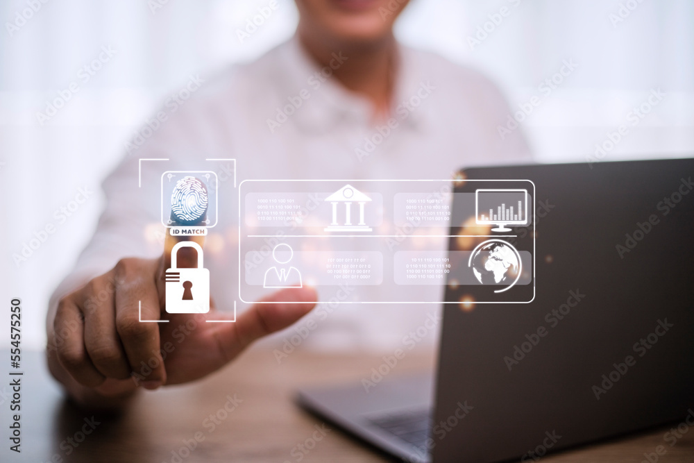 Poster concept of cyber security digital technology, business people use fingerprints to access personal cy