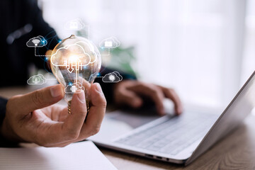 Icon cloud computing network and icon connection data information. Cloud computing and technology concept.