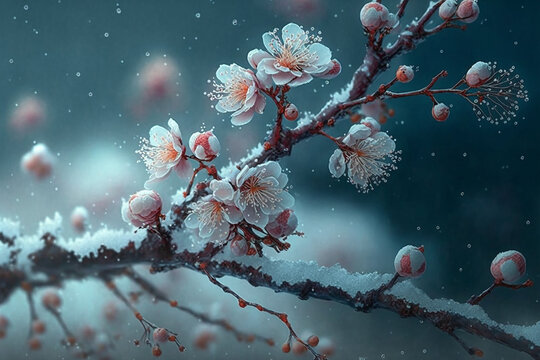 Beautiful white and red plum blossoms in the winter season, flower and the snow realistic graphic design, wallpaper, background