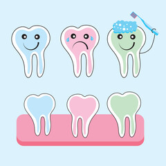 Cute cartoon tooth vector set. baby teeth health and hygiene icons