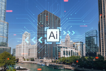 Fototapeta na wymiar Panorama cityscape of Chicago downtown and Riverwalk, boardwalk with bridges at day time, Illinois, USA. Artificial Intelligence concept. AI and business, machine learning, neural network, robotics