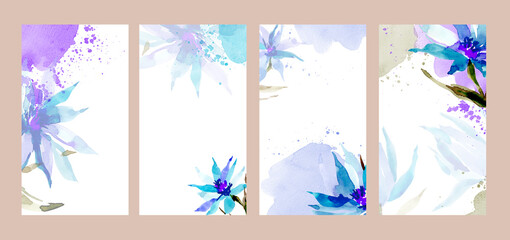 A collection of wedding backgrounds for text. A set of backgrounds for social networks. Watercolor abstract backgrounds for design with blue, turquoise colors