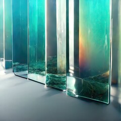 Neat and elegant design elements of abstract, exquisite and clear images of reflections and refractions of glass in upright panels with cracks at the bottom, produced by Ai