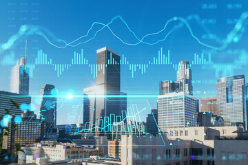 Fototapeta na wymiar Panorama cityscape of Los Angeles downtown at day time, California, USA. Skyscrapers of LA city. Glowing forex graph hologram. The concept of internet trading, brokerage and fundamental analysis