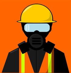 Person wearing reflective safety vest and gas mask