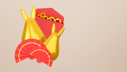 Chinese New Year Rabbit symbol, 2023 year of golden rabbit statue and red envelope on nude background. 3d rendering