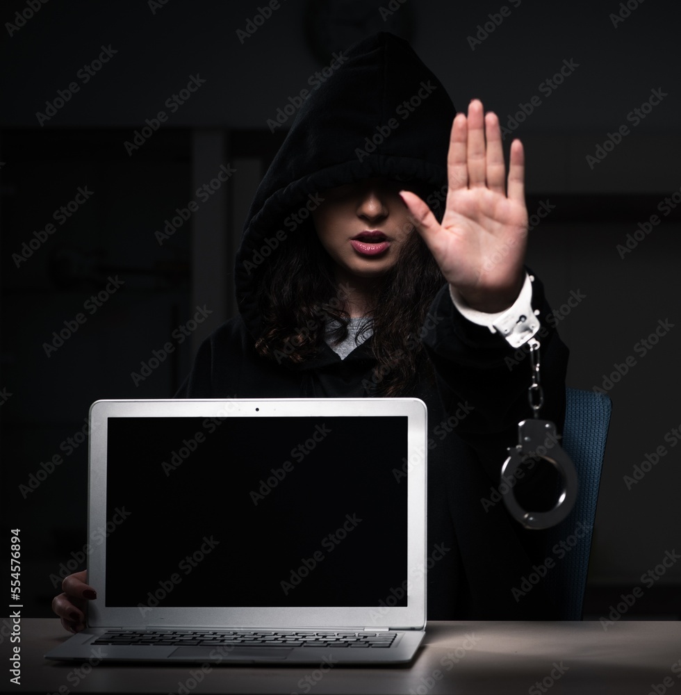 Poster female hacker hacking security firewall late in office