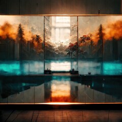 Impressive evening forest view, visible from the shower room, reflections and refractions of glass, background design produced by Ai, abstract, exquisite, elegant, retro and detailed