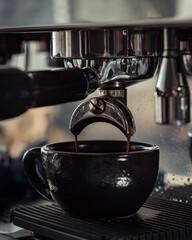 Close-up of espresso making process with coffee machine. Professional coffee brewing.