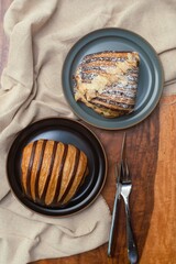French croissant and pastry image. Close up pastry. Bread with wooden background.