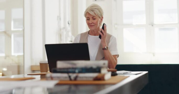 Senior woman, home office and phone call with laptop, smile and focus on communication on internet. Corporate lady, computer and using phone for working from home in management, HR and reading email