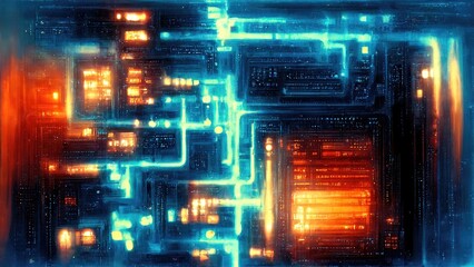A maze of glowing lines, teal-and-orange futuristic abstract CPU circuits, a global network atmosphere of Sci-fi chic cyberpunk graphic elements generated by Ai.