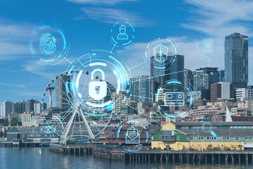 Seattle skyline with waterfront view. Skyscrapers of financial downtown at day time, Washington, USA. The concept of cyber security to protect confidential information, padlock hologram