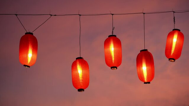 Close up 5 Japan lantern decoration in beauty twilight hour during Bon Odori