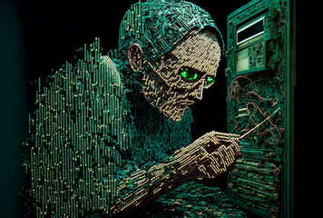 computer hacker made of 1000 diodes ransomware cyber security threat malware virus bad guy criminal technology inspired binary art illustration with room for print / copy space