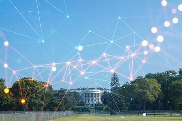 The White House on sunny day, Washington DC, USA. Executive branch. President administration. Social media hologram. Concept of networking and establishing new people connections - obrazy, fototapety, plakaty