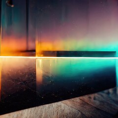 Reflections and refractions of glass objects with striking plate-like orange and blue gradients, background design generated by Ai, abstract, exquisite, elegant, retro and detailed