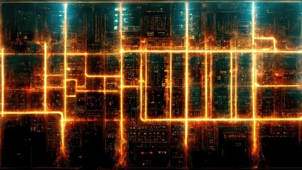 Futuristic CPU circuitry, abstract, Sci-fi style, cyberpunk advanced cutting-edge technology design elements with intermingling orange luminous lines, generated by Ai