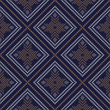Blue cross stitch traditional ethnic pattern paisley flower Ikat background abstract Aztec African Indonesian Indian seamless pattern for fabric print cloth dress carpet curtains and sarong