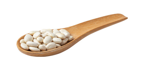 Heap of white beans in wood spoon isolated on transparent png