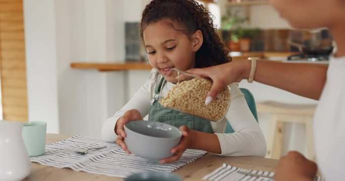 Breakfast cereal, mother and girl ready for eating at a kitchen home table feeling happy. Child, food and smile with a relax mama in a house preparing meal with love, parent care and mom support