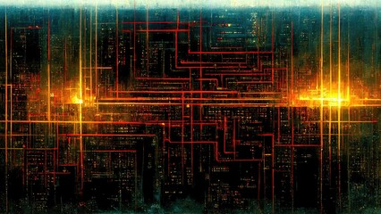 Orange Blue CPU Circuit Global Network Atmosphere Sci-fi Chic Cyberpunk Graphic Elements Generated by Ai